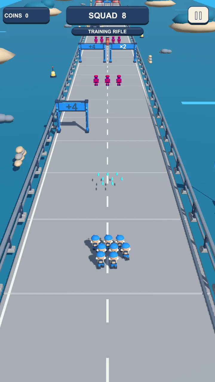 A squad of 8 heading toward a +4 gate and a pair of +4 and ×2 gates, with enemies ahead