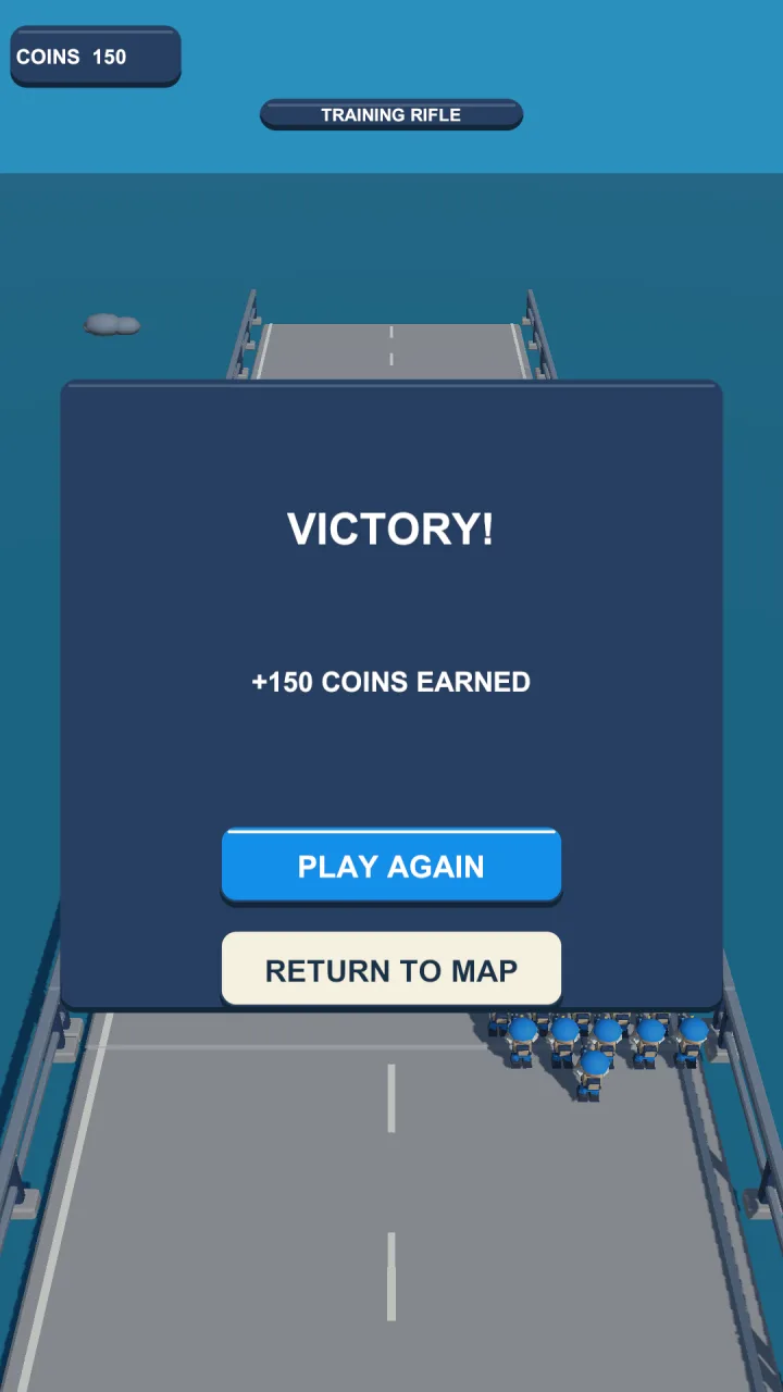 Victory screen showing 150 coins earned